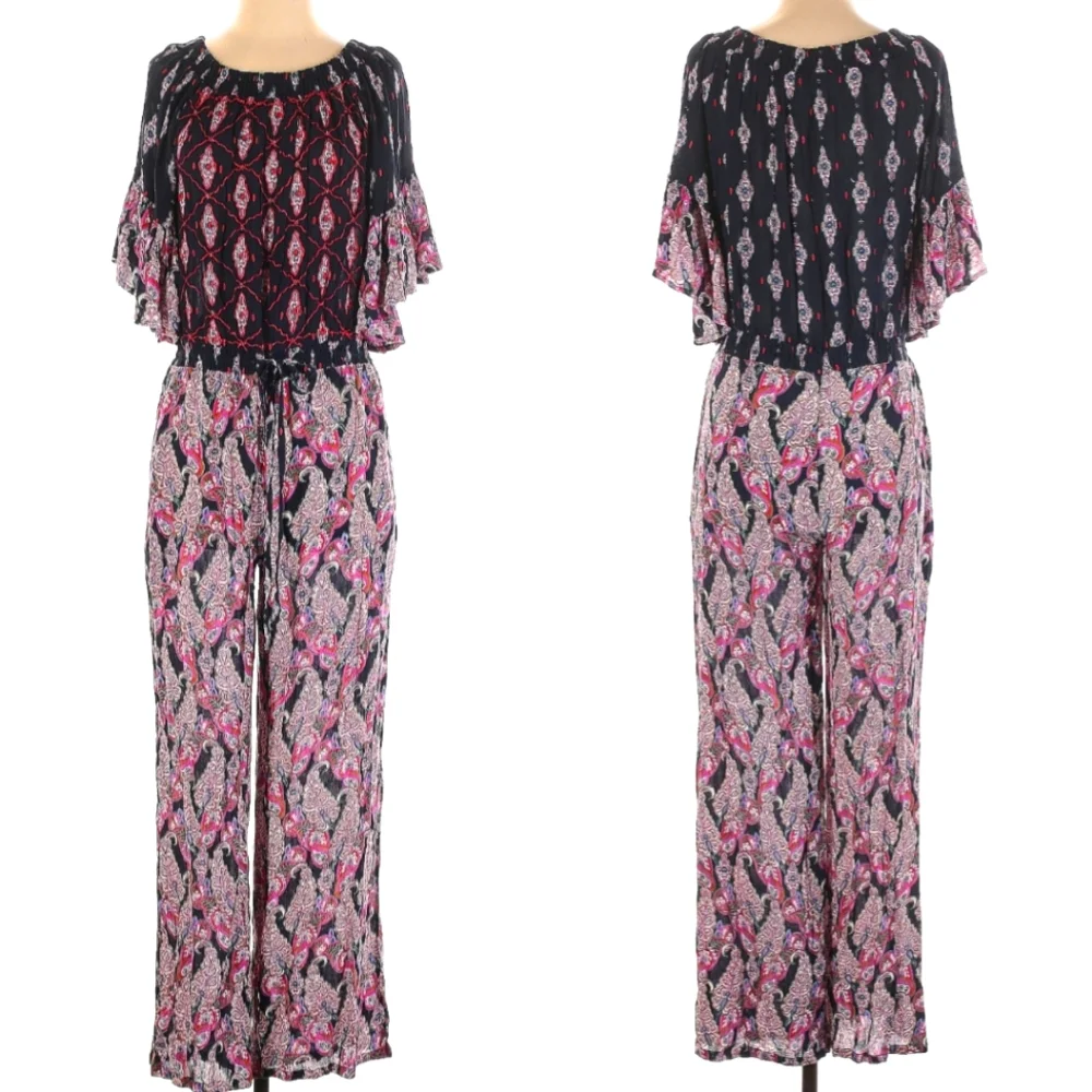 Raga Boho Jumpsuit Smocked Off The Shoulder Paisley Floral Maxi
